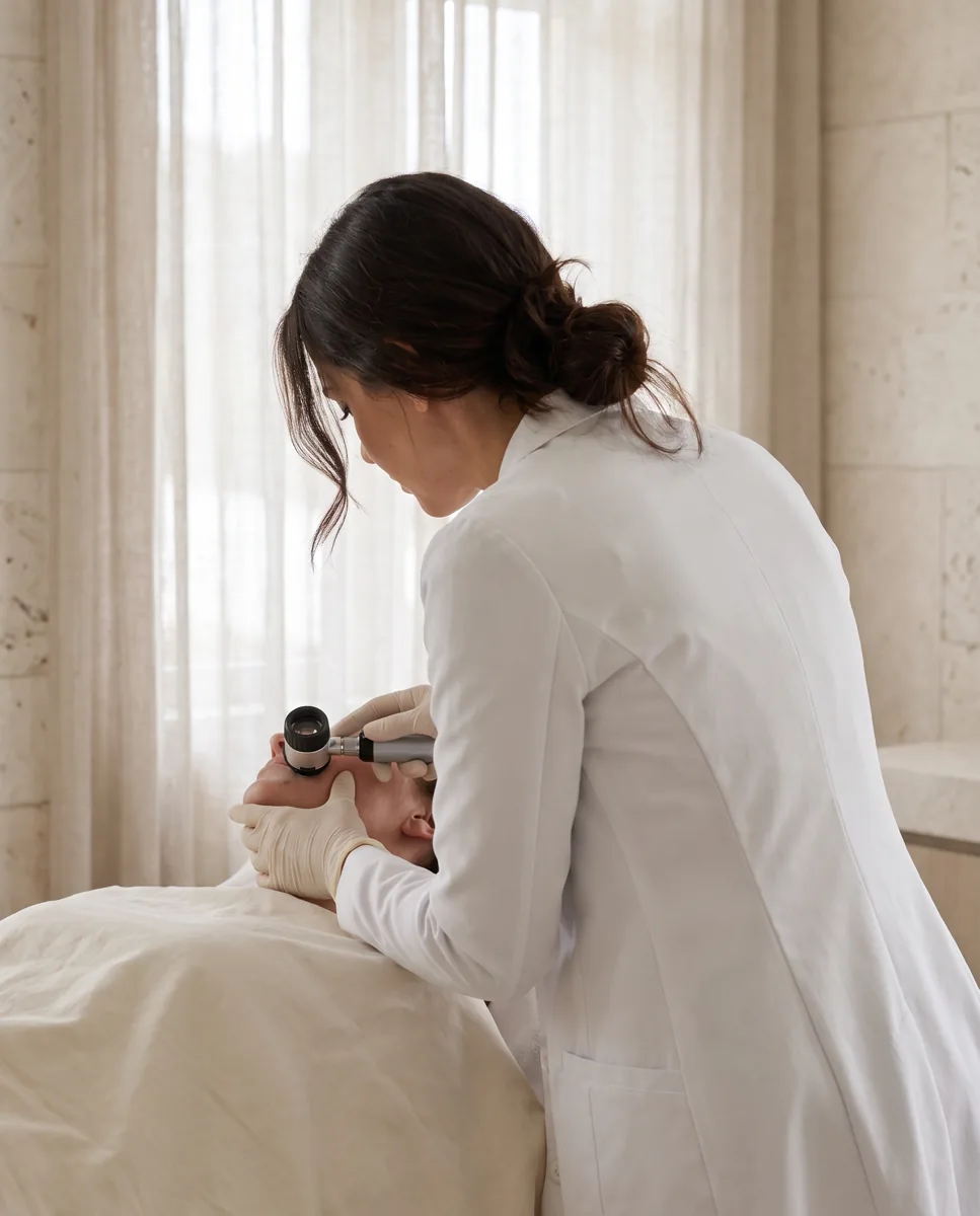 Врач-косметолог во время осмотра кожи в клинике Cosmedoc